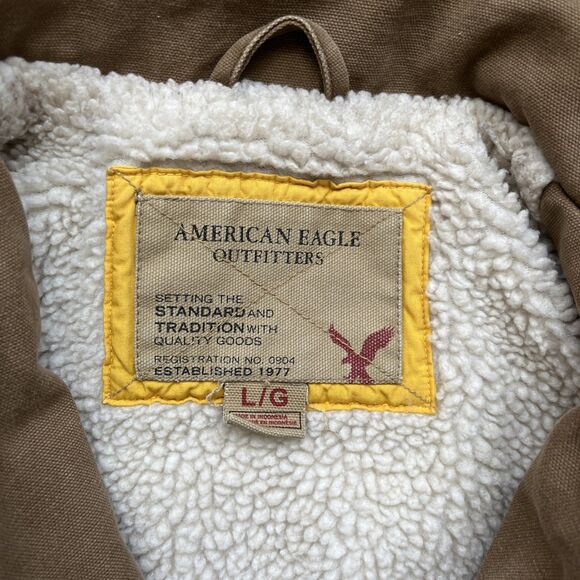 American Eagle Chore Jacket Mens Large Y2K Canvas Sherpa Lined Brown Full Zip - Picture 3 of 8